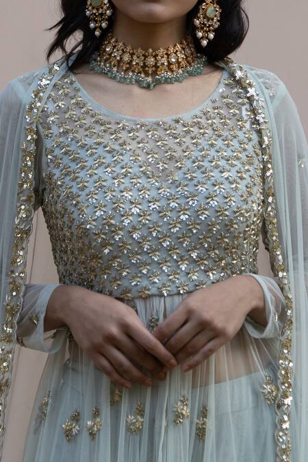 Astha Narang_Blue , Main Material lining Embellished Kurta Gharara Set _at_Aza_Fashions