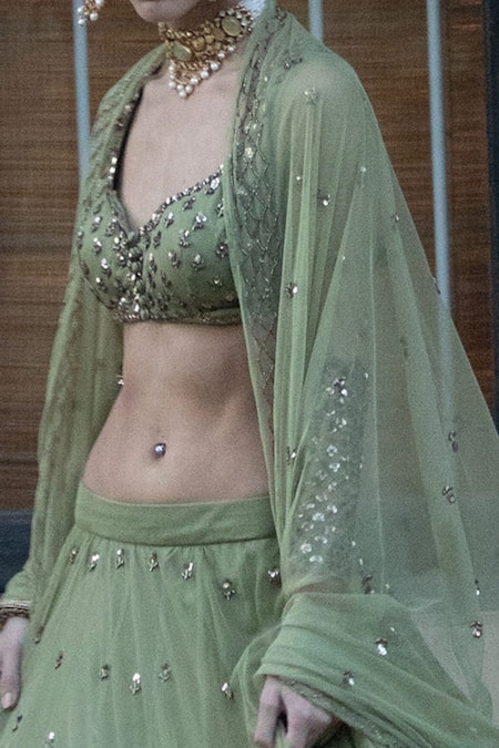 Astha Narang_Green Net Leaf Neck Embellished Lehenga Set _Online_at_Aza_Fashions