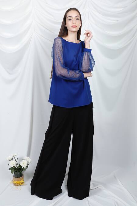 Swatee Singh Blue Crepe, Lace Polka Dot Boat Neck Puff Sleeve Top Online at Aza Fashions Swatee Singh_Blue Crepe, Lace Polka Dot Boat Neck Puff Sleeve Top _Online_at_Aza_Fashions
