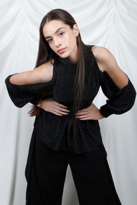 Swatee Singh_Black Lurex Shimmer Halter Neck Cold Shoulder Top _Online_at_Aza_Fashions