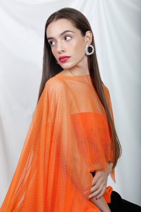 Swatee Singh_Orange Polka Dot, Solid High Neck Sheer Cape And Peplum Top _Online_at_Aza_Fashions