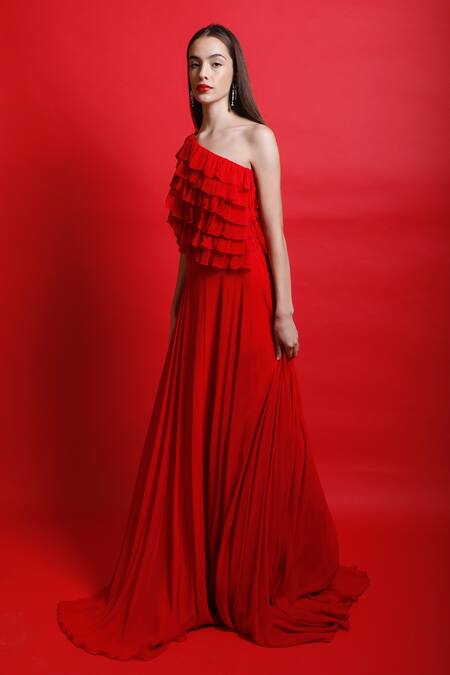 Swatee Singh_Red Georgette Solid One Shoulder Ruffle Gown _Online_at_Aza_Fashions