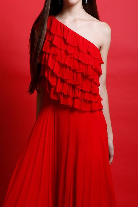 Buy_Swatee Singh_Red Georgette Solid One Shoulder Ruffle Gown _Online_at_Aza_Fashions