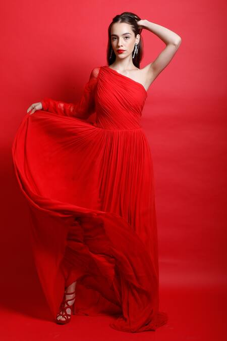 Swatee Singh Red Crepe, Lace Polka Dot, Solid One Shoulder Gown Online at Aza Fashions Swatee Singh_Red Crepe, Lace Polka Dot, Solid One Shoulder Gown _Online_at_Aza_Fashions