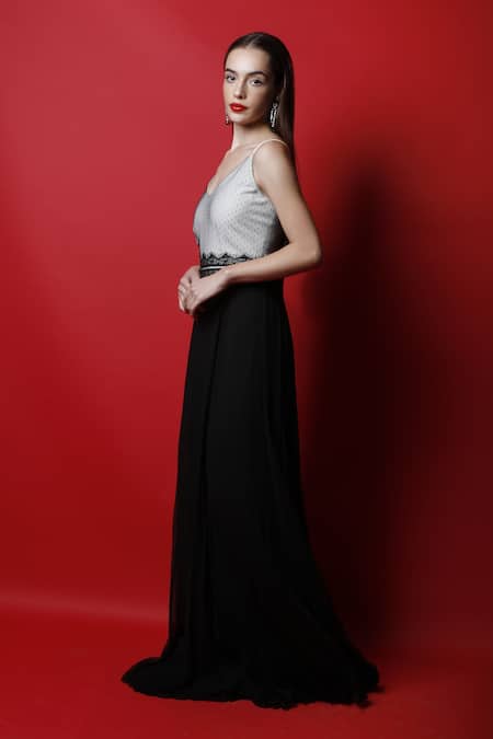 Swatee Singh_Black Georgette, Lace Polka Dot V Neck Dress _Online_at_Aza_Fashions