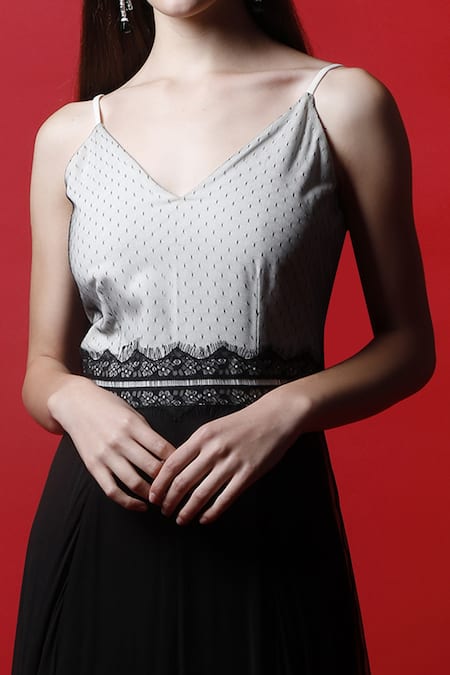 Buy Swatee Singh Black Georgette, Lace Polka Dot V Neck Dress Online at Aza Fashions Buy_Swatee Singh_Black Georgette, Lace Polka Dot V Neck Dress _Online_at_Aza_Fashions