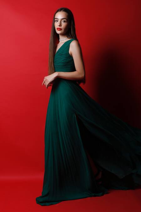 Buy_Swatee Singh_Green Georgette Solid V Neck Pleated Dress _Online_at_Aza_Fashions