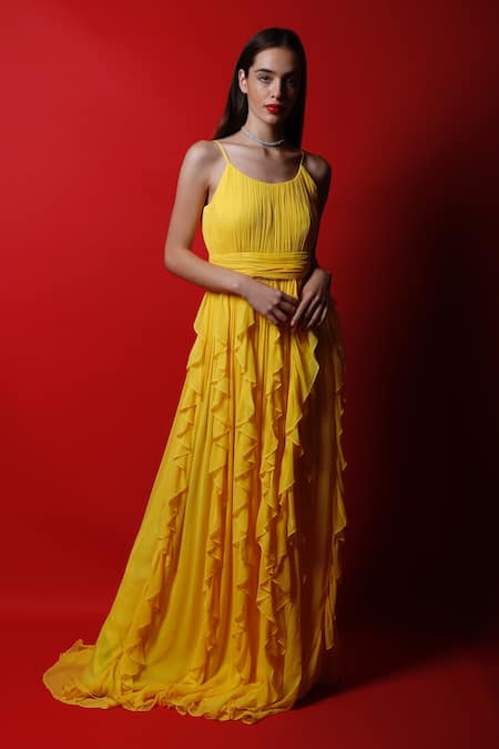 Swatee Singh_Yellow Georgette Solid Round Strappy Ruffle Gown _Online_at_Aza_Fashions