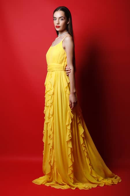 Buy_Swatee Singh_Yellow Georgette Solid Round Strappy Ruffle Gown _Online_at_Aza_Fashions