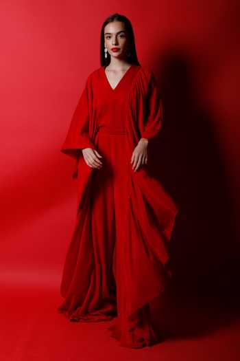 Swatee Singh Red Crepe Solid V Neck Flag Drape Jumpsuit With Belt Online at Aza Fashions Swatee Singh_Red Crepe Solid V Neck Flag Drape Jumpsuit With Belt _Online_at_Aza_Fashions