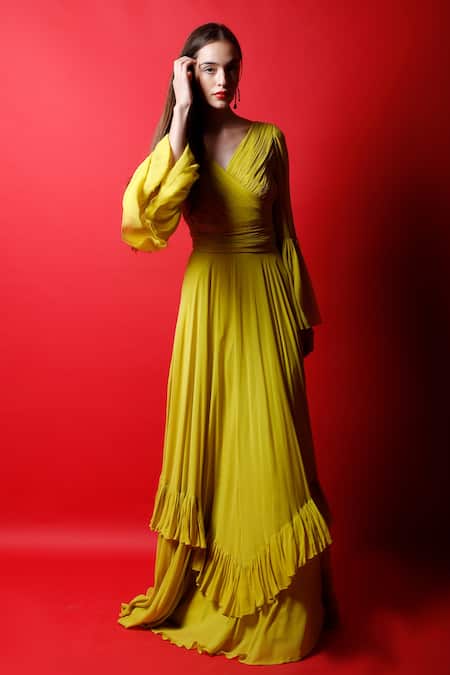 Swatee Singh_Yellow Georgette Solid V Neck Ruffle Gown _Online_at_Aza_Fashions