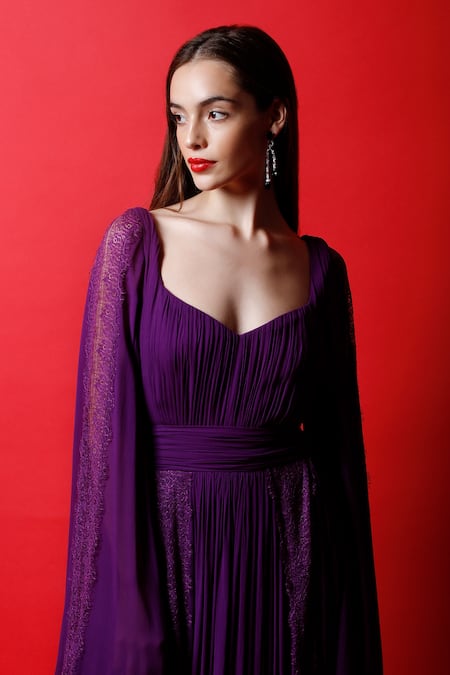 Swatee Singh Purple Georgette, Work Jewel Neck Draped Gown Online at Aza Fashions Swatee Singh_Purple Georgette, Work Jewel Neck Draped Gown _Online_at_Aza_Fashions