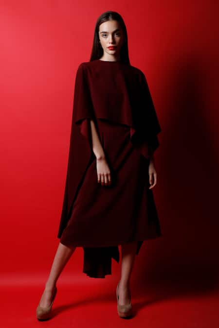 Swatee Singh Red Crepe Plain Solid High Neck Cape Dress  