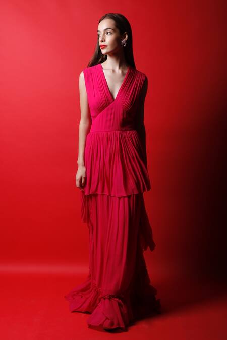 Swatee Singh_Pink Georgette Solid V Neck Tiered Ruffle Gown _Online_at_Aza_Fashions