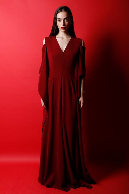 Swatee Singh_Red Crepe Solid V Neck Cold Shoulder Kaftan Gown _Online_at_Aza_Fashions