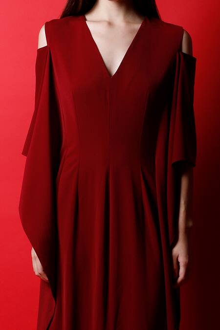 Buy_Swatee Singh_Red Crepe Solid V Neck Cold Shoulder Kaftan Gown _Online_at_Aza_Fashions