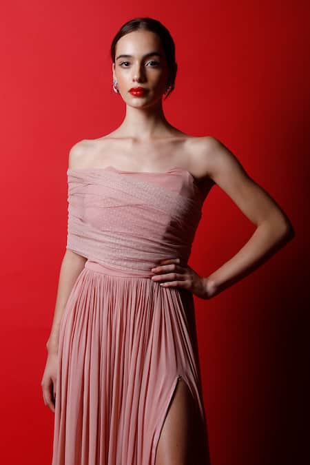 Shop_Swatee Singh_Pink Crepe Solid Strapless Draped Corset Gown _Online_at_Aza_Fashions
