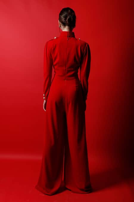 Shop Swatee Singh Red Crepe Pearl Buttons Turtle Neck Collar Jumpsuit at Aza Fashions Shop_Swatee Singh_Red Crepe Pearl Buttons Turtle Neck Collar Jumpsuit _at_Aza_Fashions