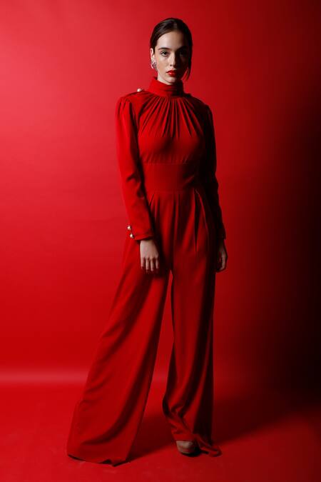 Swatee Singh Red Crepe Pearl Buttons Turtle Neck Collar Jumpsuit Online at Aza Fashions Swatee Singh_Red Crepe Pearl Buttons Turtle Neck Collar Jumpsuit _Online_at_Aza_Fashions