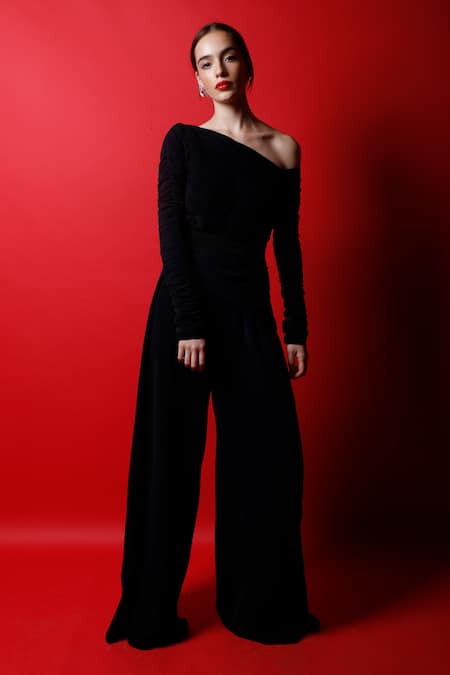 Swatee Singh_Blue Crepe Solid One Shoulder Jumpsuit With Belt _Online_at_Aza_Fashions