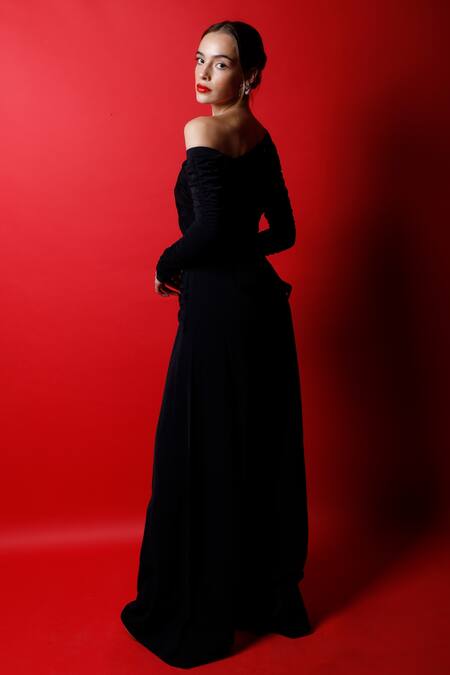 Buy_Swatee Singh_Blue Crepe Solid One Shoulder Jumpsuit With Belt _Online_at_Aza_Fashions