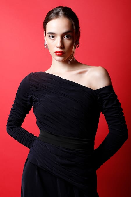 Shop Swatee Singh Blue Crepe Solid One Shoulder Jumpsuit With Belt Online at Aza Fashions Shop_Swatee Singh_Blue Crepe Solid One Shoulder Jumpsuit With Belt _Online_at_Aza_Fashions