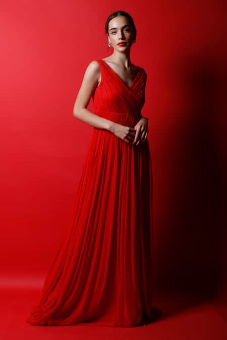 Swatee Singh Red Georgette Solid V Neck Pleated Gown Online at Aza Fashions Swatee Singh_Red Georgette Solid V Neck Pleated Gown _Online_at_Aza_Fashions
