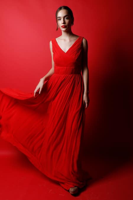 Buy Swatee Singh Red Georgette Solid V Neck Pleated Gown Online at Aza Fashions Buy_Swatee Singh_Red Georgette Solid V Neck Pleated Gown _Online_at_Aza_Fashions