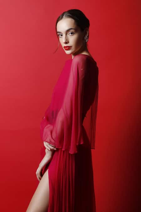 Shop_Swatee Singh_Pink Georgette, Work, Solid Boat Neck Cape Gown _Online_at_Aza_Fashions