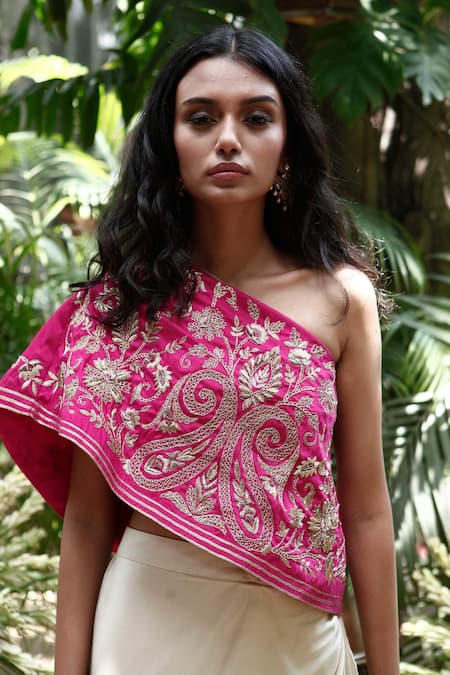 Samatvam By Anjali Bhaskar_Pink Silk, Modal Satin Asymmetric Top And Draped Skirt Set _Online_at_Aza_Fashions