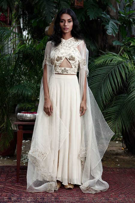 Samatvam by Anjali Bhaskar Beige Georgette V Neck Embroidered Cape And Skirt Set 