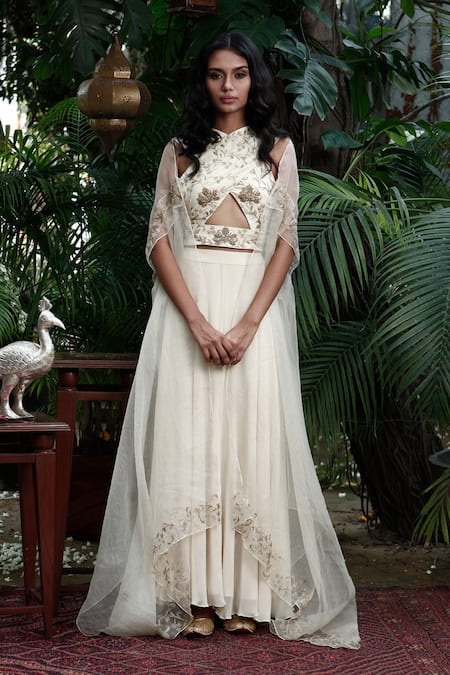 Shop_Samatvam By Anjali Bhaskar_Beige Organza, Georgette, Cotton Silk V Neck Embroidered Cape And Skirt Set _at_Aza_Fashions