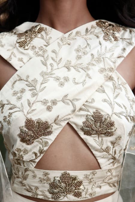 Buy_Samatvam By Anjali Bhaskar_Beige Organza, Georgette, Cotton Silk V Neck Embroidered Cape And Skirt Set _Online_at_Aza_Fashions