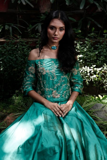 Samatvam By Anjali Bhaskar Green Silk Bardot Embroidered Lehenga Set 