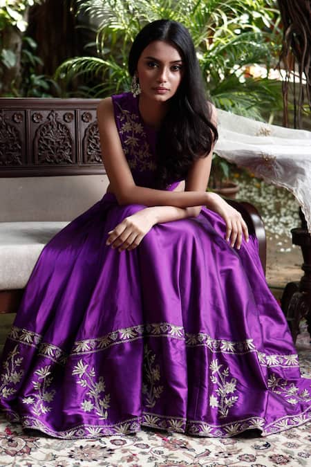 Shop_Samatvam By Anjali Bhaskar_Purple Silk, Banarasi Net Round Embroidered Lehenga Set _at_Aza_Fashions