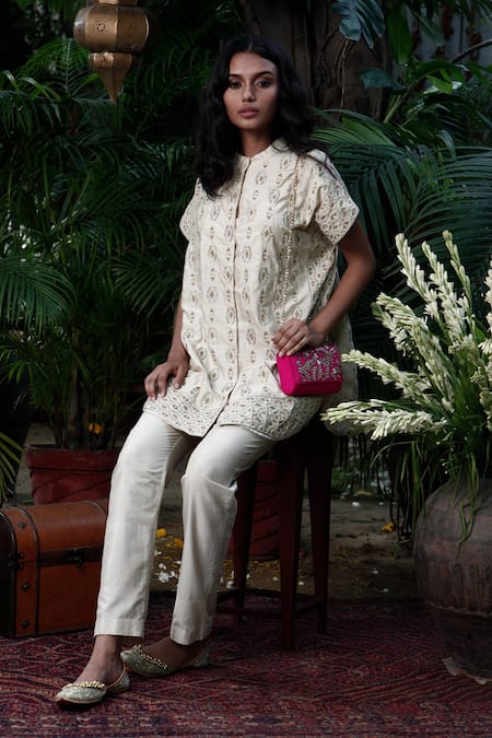 Shop_Samatvam By Anjali Bhaskar_Beige Cotton Silk Round Embroidered Kurta And Pant Set _at_Aza_Fashions