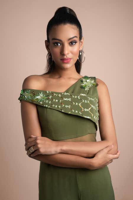 Mehak Murpana_Green Stretch Suiting One Shoulder Embroidered Jumpsuit_Online_at_Aza_Fashions