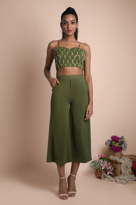Buy_Mehak Murpana_Green Stretch Suiting Blousesweetheart Neckcapeopen Layered Cape And Pant Set_Online_at_Aza_Fashions