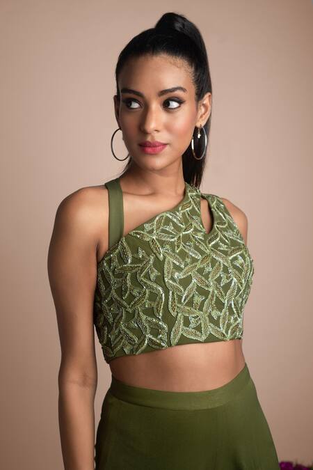 Mehak Murpana_Green Stretch Suiting Asymmetric Embellished Crop Top And Draped Pant Set_Online_at_Aza_Fashions