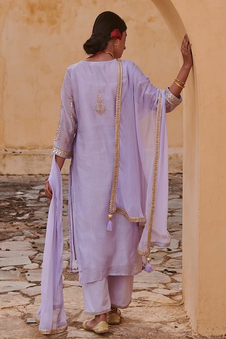 Shop_Kameez_Purple Dupatta - Chiffon, Kurta - Chanderi, Pants - Gota Embroidered Set _at_Aza_Fashions