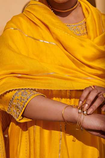 Shop_Kameez_Yellow Kurta And Dupatta- Chanderi, Pants - Cotton Floral Round Embroidered Set _Online_at_Aza_Fashions