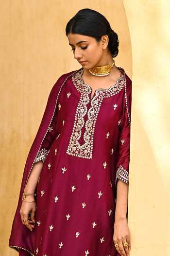 Kameez_Red Kurta And Dupatta- Chanderi, Pants - Cotton Gota Round Embroidered Set _Online_at_Aza_Fashions