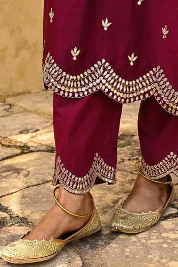 Shop_Kameez_Red Kurta And Dupatta- Chanderi, Pants - Cotton Gota Round Embroidered Set _Online_at_Aza_Fashions