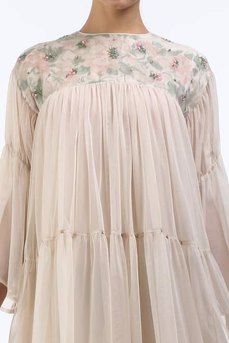 Nikasha_Grey Tulle Floral Motifs Round Hand Painted Dress _Online_at_Aza_Fashions