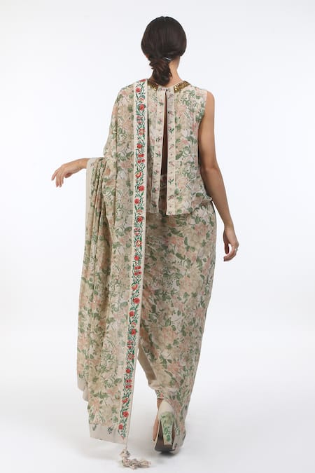 Shop Nikasha Grey Round Draped Dhoti Pant Saree With Blouse at Aza Fashions Shop_Nikasha_Grey Round Draped Dhoti Pant Saree With Blouse _at_Aza_Fashions