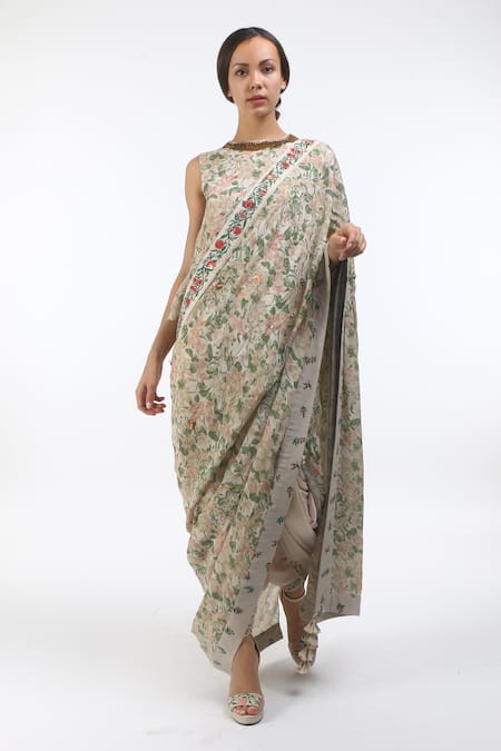 Nikasha Grey Round Draped Dhoti Pant Saree With Blouse Online at Aza Fashions Nikasha_Grey Round Draped Dhoti Pant Saree With Blouse _Online_at_Aza_Fashions