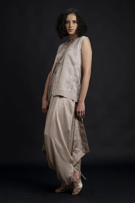Buy_Bodhi Tree_Beige Silk Organza Embroidery Round Jacket And Dhoti Pant Set _Online_at_Aza_Fashions
