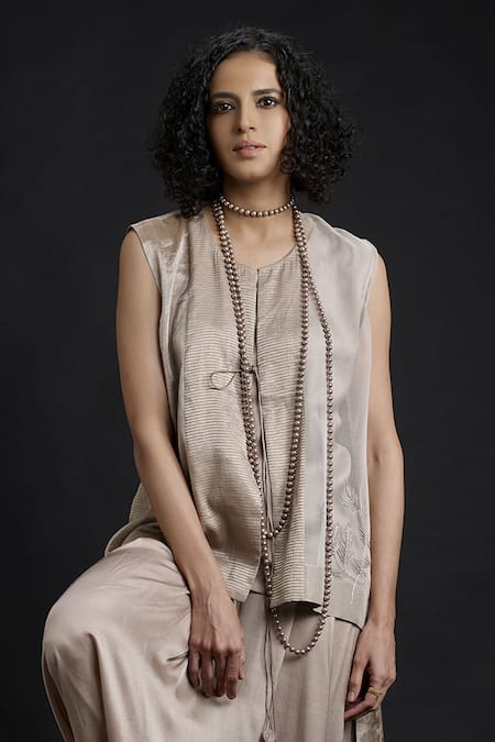 Shop_Bodhi Tree_Beige Silk Organza Embroidery Round Jacket And Dhoti Pant Set _Online_at_Aza_Fashions