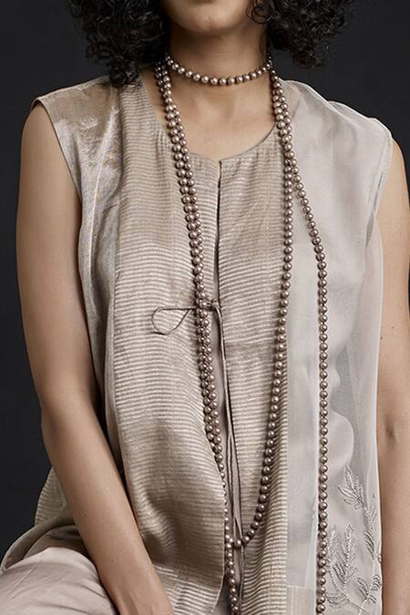 Bodhi Tree_Beige Silk Organza Embroidery Round Jacket And Dhoti Pant Set _at_Aza_Fashions