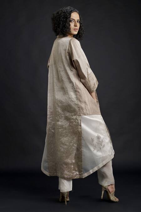 Bodhi Tree_Beige Silk Organza Embroidery V Neck Kurta And Pant Set _Online_at_Aza_Fashions